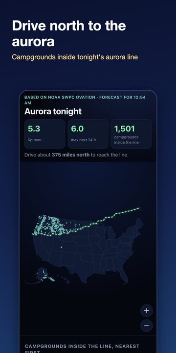 Night Gaze Camp app on Android: tonight's campground ranking, a stargazing trip, the aurora line and the Milky Way compass