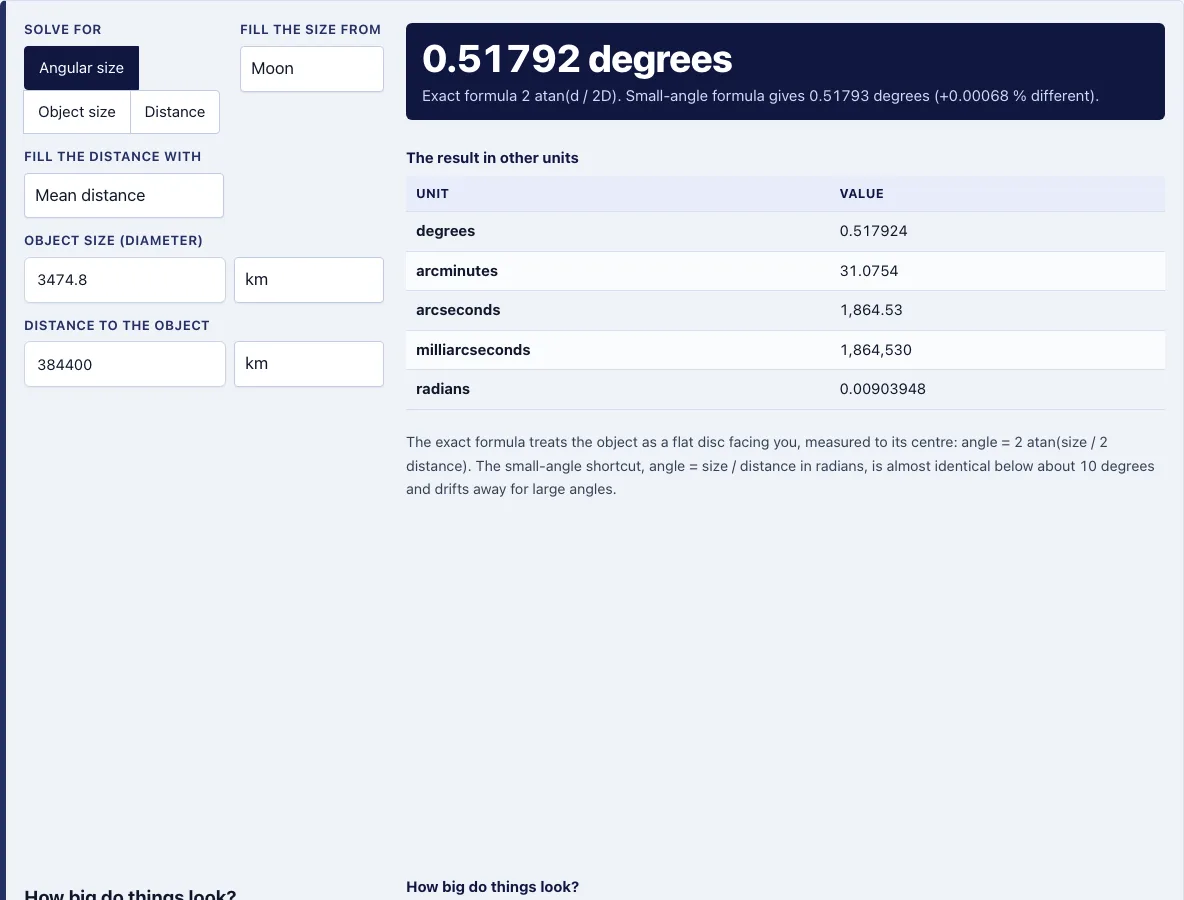 Angular size calculator example