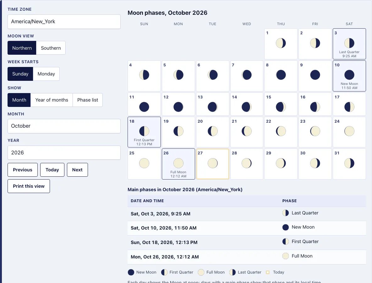 Moon phase calendar example