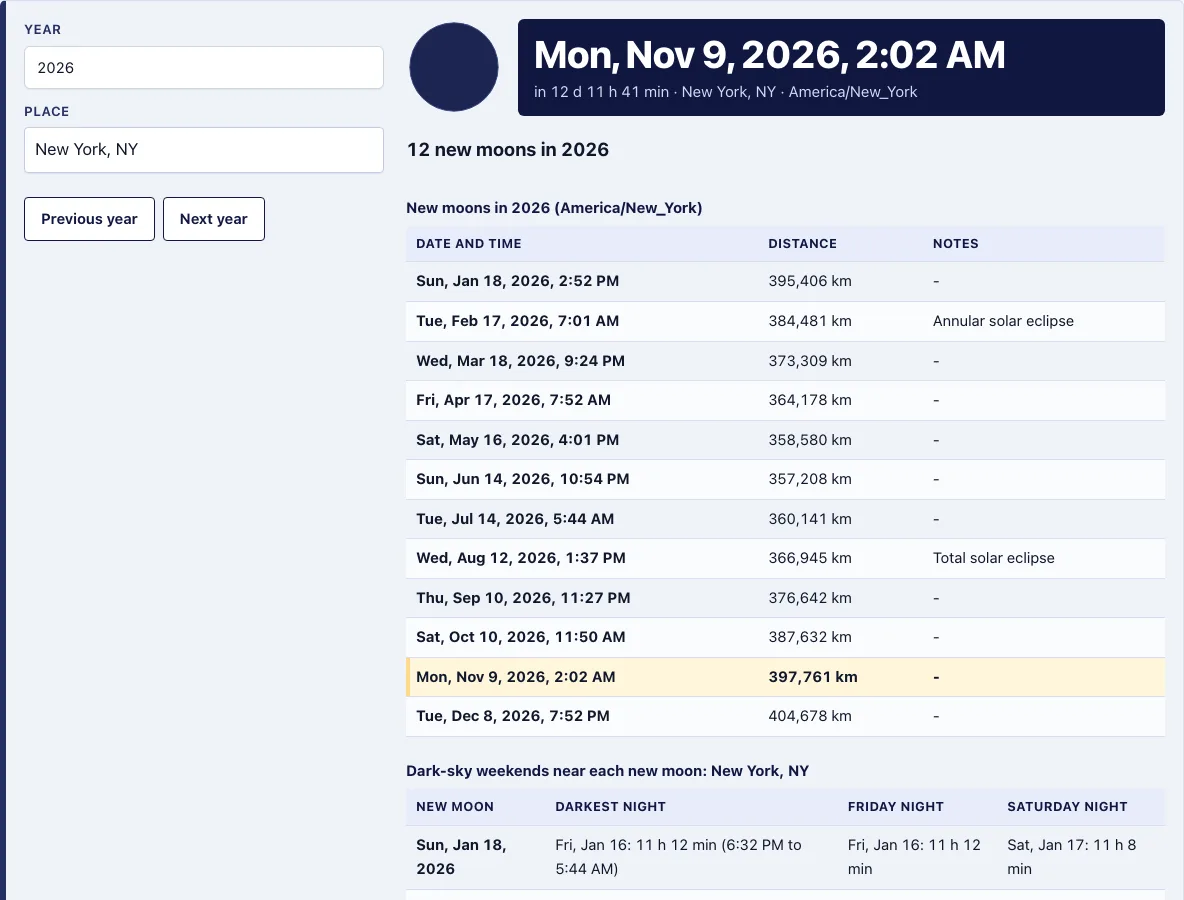 New moon calendar example