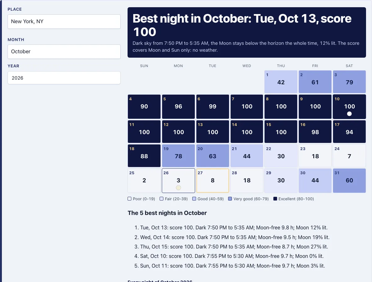 Stargazing calendar example